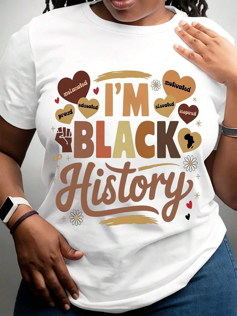 [Home Relaxation] Women's Black History Long Sleeve Crew Neck T-Shirt - I'm Black History Graphic With Heart & Lightning Design, White Polyester Casual Top For Fall & Winter, Everyday Tshirt  Crew Neck Top  Polyester Fabric - 白色 - 查看 1