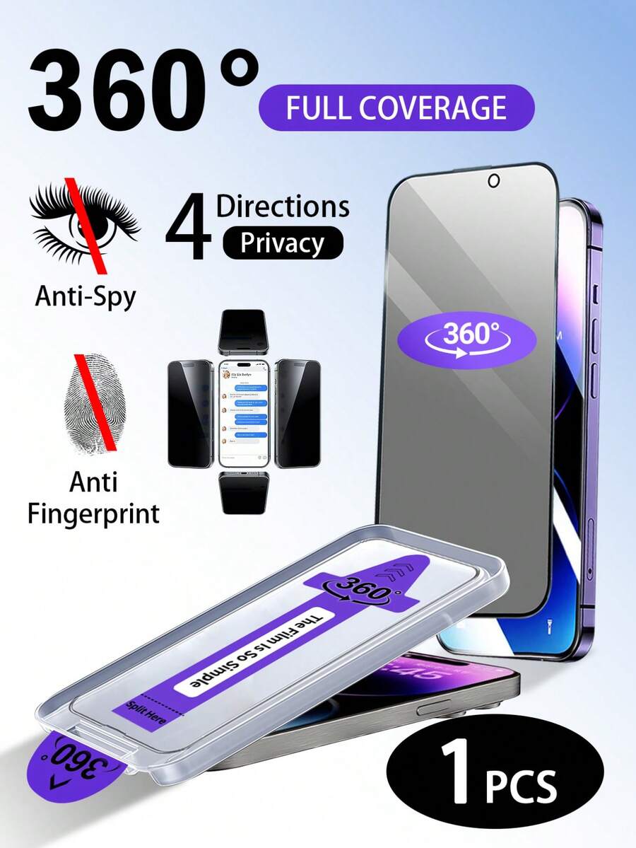 Yezodawee 1片360°隐私屏幕保护膜,包含安装工具包,钢化玻璃材质,兼容 17 Pro Max,全方位防窥钢化玻璃屏幕保护膜,全覆盖,防刮花,无气泡,四边隐私屏幕保护膜,6.9英寸,兼容 17/17 Air/17 Pro/17 Plus、16/16 Pro/16 Plus/16 Pro Max、15/15 Pro/15 Plus/15 Pro Max/14/13/12/11 - 1pc - 查看 1