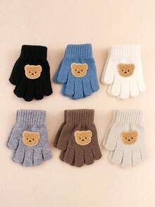 1 双儿童冬季保暖针织手指手套，男孩女孩可爱熊图案全指手套，适合 3-8 岁