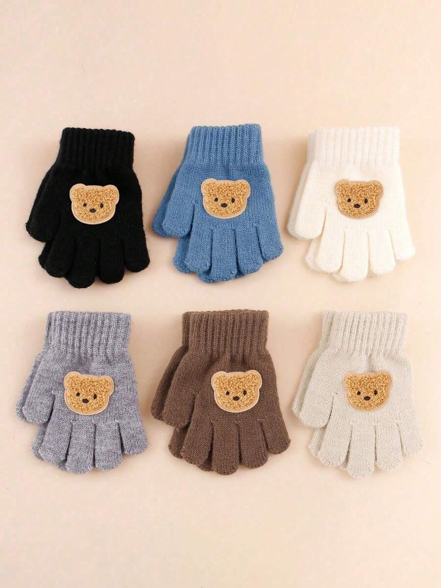 1 双儿童冬季保暖针织手指手套，男孩女孩可爱熊图案全指手套，适合 3-8 岁