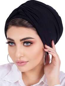 1pc Women's Classic 2-In-1 Instant Turban Headscarf & Headband, High Elasticity Pleated Design, Moisture-Wicking Jersey Fabric, Suitable For Muslim Daily Life And Gatherings,Beach,Holiday,Accessories,Travel Essential - Black - View 4