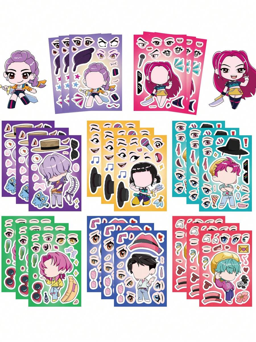 16pcs/8pcs Cartoon Character & K-Pop Themed Sticker Decals For Phone Case, Laptop, Notebook, DIY Graffiti - Multicolor - View 1