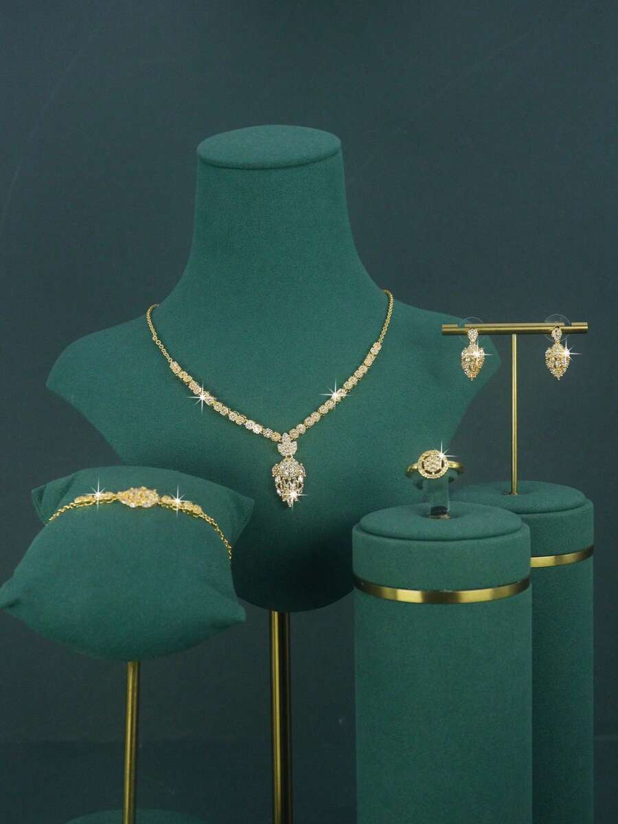 Conjunto de joias de luxo para noivas, estilo real, com design geométrico e franjas, banhado a ouro 18K, cravejado com zircônias cúbicas brancas. Inclui colar, pulseira, brincos e anel. Ideal para uso diário em casamentos e como presente de aniversário de casamento (embalagem para presente inclusa). - Conjunto Geométrico - Ver 1