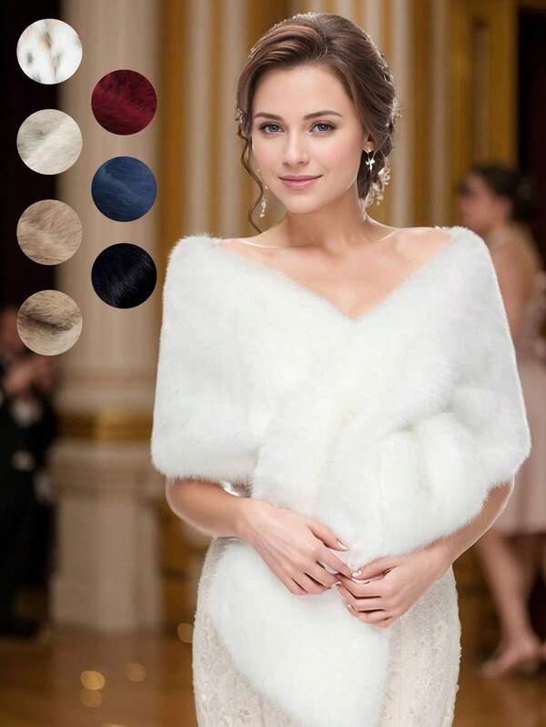 1 pieza Elegante y de moda Chal de mujer esponjoso para uso al aire libre, Chal/Envolvente nupcial blanco esponjoso para novia y boda, Apropiado para fiesta de boda, negro