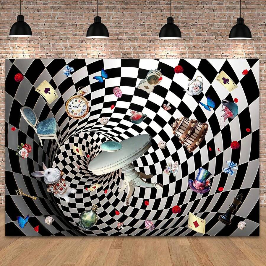 1pc Wonderland Checkerboard Backdrop, Enchanted Tea Party Polyester Photography Background For Parties, Fairy Tale Photo Booth Prop Decorations - Multicolor - View 1