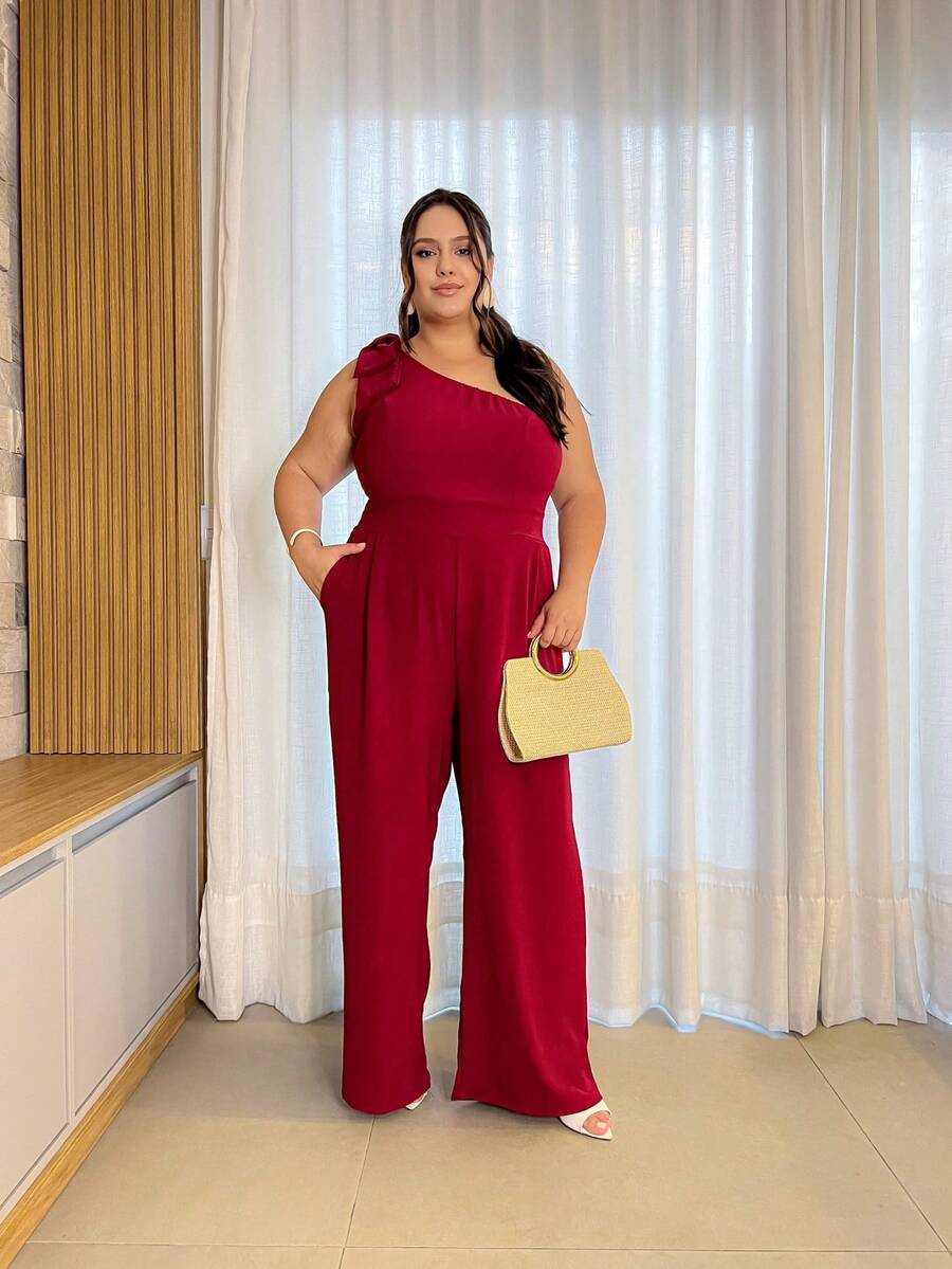 Women's Plus Size Curve Jumpsuit, Long, One-Shoulder, With Bow In Duna Print, Elegant For Parties - Gỗ đỏ - Xem 1