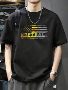 Camiseta desgastada de regalo del equipo de sóftbol con bandera estadounidense Camiseta de manga corta de algodón de 220 g, impresión por una cara - Negro - Ver 1