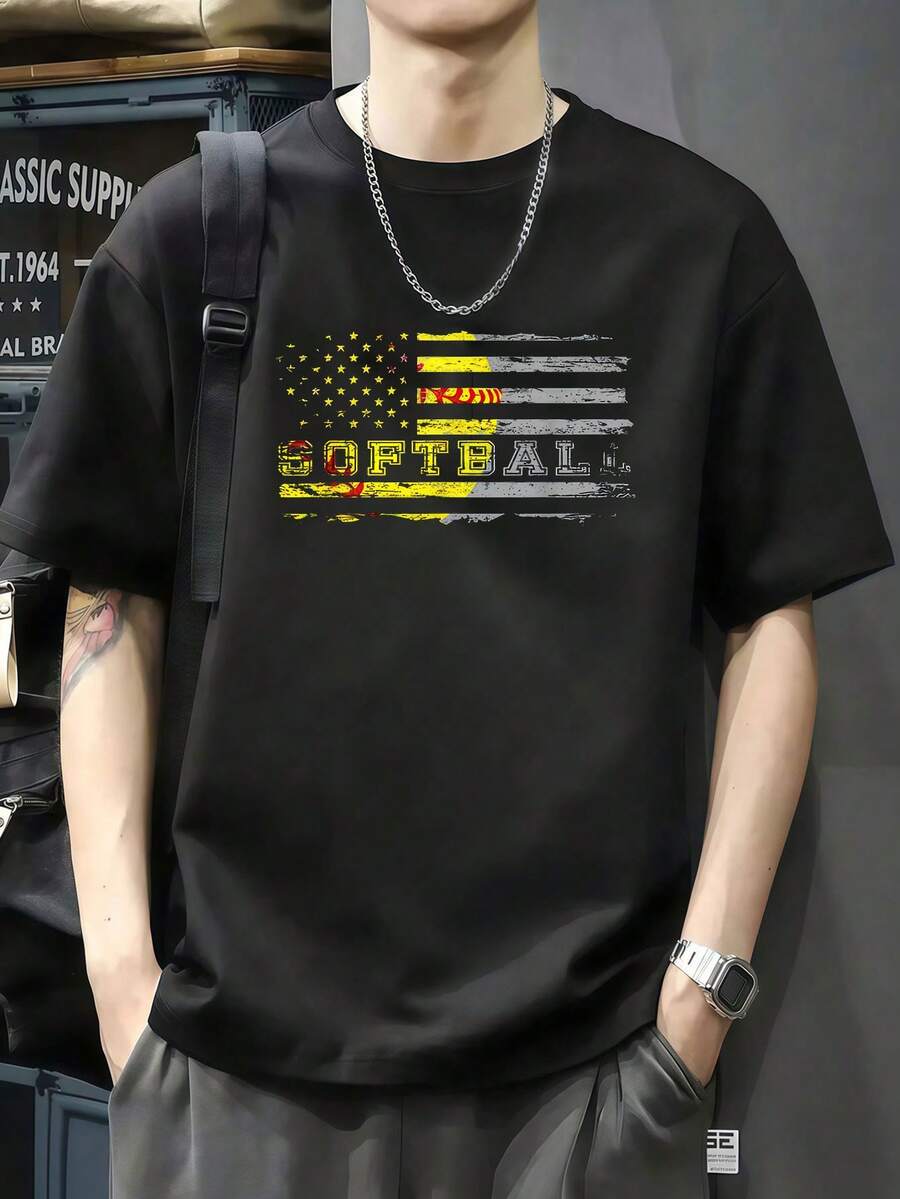 Camiseta desgastada de regalo del equipo de sóftbol con bandera estadounidense Camiseta de manga corta de algodón de 220 g, impresión por una cara - Negro - Ver 1
