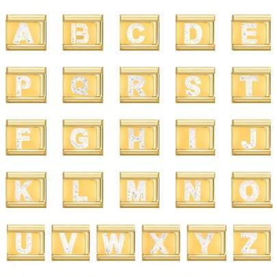 9mm A-Z 26 English Letter Gold Enamel Charm Beads - 304L Stainless Steel Bracelet Pendant, Suitable For Men And Women DIY Jewelry Making, Such As Necklace/Bracelet/Ring, Creative Decorations For Daily Wear, Holidays, Parties, Handcraft, Fashion Pendant, Elegant Design, High-Quality Pendant, Suitable For Handicraft Enthusiasts
