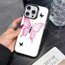 Colorful Silver Apple Phone CasePink Butterfly With Light Blue Bow Three Black ButterfliesCompatible With  11 To  17 Models The Cases Lens Protection Function Ensures The Camera Remains Undamaged During Shooting  Guaranteeing Image Quality - Black - View 1