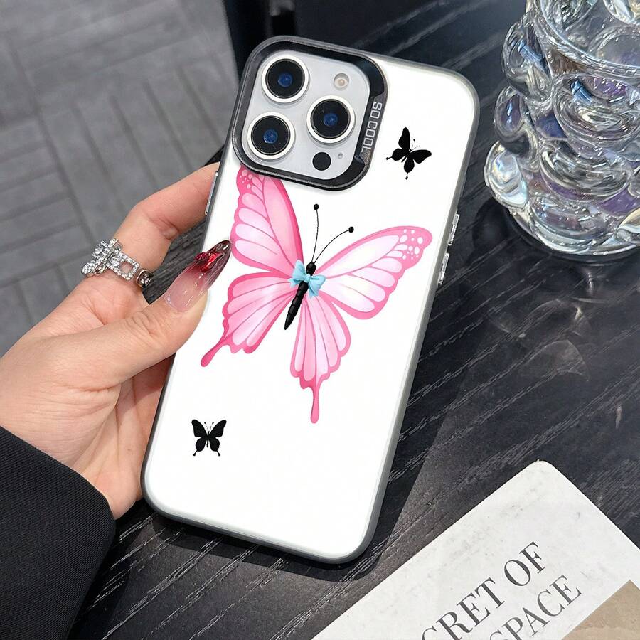 Colorful Silver Apple Phone CasePink Butterfly With Light Blue Bow Three Black ButterfliesCompatible With 11 To 17 Models The Cases Lens Protection Function Ensures The Camera Remains Undamaged During Shooting Guaranteeing Image Quality - Black - View 1