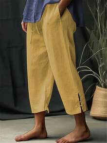 1 件女式轻薄 3/4 哈伦裤，带松紧腰带 - 白色、黑色、宽松版型、抽绳、透气涤纶、休闲春夏 - 芥末黃 - 查看 5