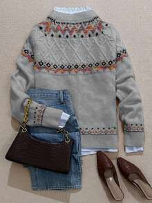 Women's Fall And Winter Casual Loose Retro Fair Isle Pattern Round Neck Long Sleeve Woolen Pullover - Grey - View 3