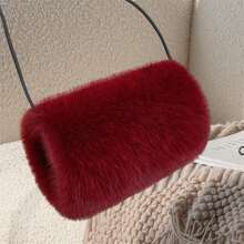 Faux Fur Hand Warmer Muff Portable Warm Plush Hand Cushion With Strap For Winter Outdoor Activity - Burgundy - View 4