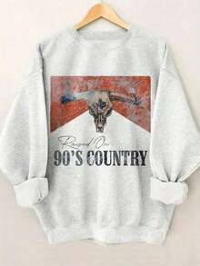Women's Winter Clothes90s Country Western Bull Graphic Retro Women Sweatshirt, Women's Casual Dropped Shoulder Crew Neck Long Sleeve PulloverLoose And Comfortablechristmas Clothes For Women,Sudadera De Mujer,Christmas Women - 灰色 - 查看 5