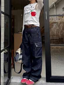 海军蓝多口袋工装牛仔裤，女士直筒休闲裤