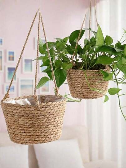 1个悬挂式收纳篮，盆栽植物收纳架，悬挂式花盆，墙面收纳篮，阳台花盆花篮，客厅编织悬挂篮，墙面装饰，房间装饰，家居装饰