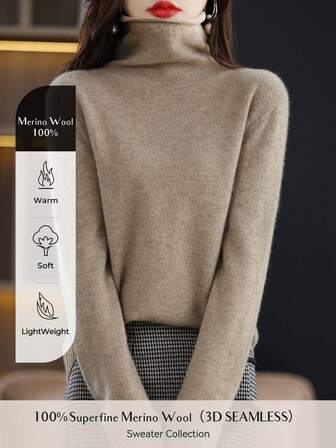 Women's 100% Merino Wool Seamless Sweater Turtleneck Fall Winter Warm Soft Knitted Vintage Sweater Long Sleeve Knitted Pullover Tops
