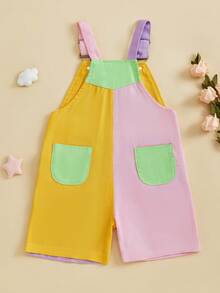 Toddler Boy Girl Overalls Shorts Contrast Color Sleeveless Suspender Romper with Adjustble Shoulder Strap - Rosa - Ver 7