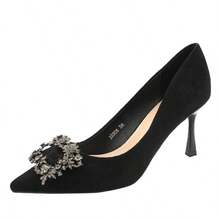 Zapatos de tacón de mujer,Zapatos de tacón de aguja versátiles de estilo francés con hebilla cuadrada adornada con pedrería. - Negro - Ver 5