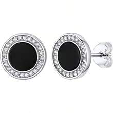 Pendientes para Hombres Pendientes de Estilo Nórdico Vikingo de Ónix Negro Joyería de Oreja Hipoalergénica Pendientes Ligeros con Caja de Regalo - Ónix Negro-Redonda-Plata - Ver 11