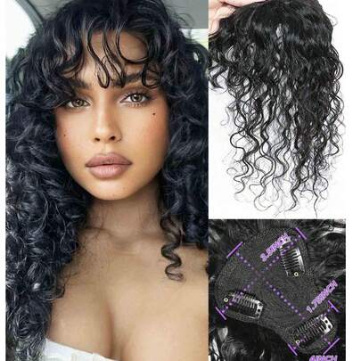 Peluca postiza con flequillo en forma de T con textura de onda de agua (rizada/ondulada) para mujeres, extensiones de cabello natural que dan volumen e instantaneidad, para uso diario, se adapta a todos los tonos beige y tipos de cuero cabelludo (sin pegamento/encaje) 8-10 pulgadas negro natural y marrón claro