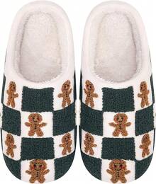 Cozy Plush Halloween Pumpkin Slippers, Non-Slip Fluffy Design - Plaid Gingerbread Man - View 1
