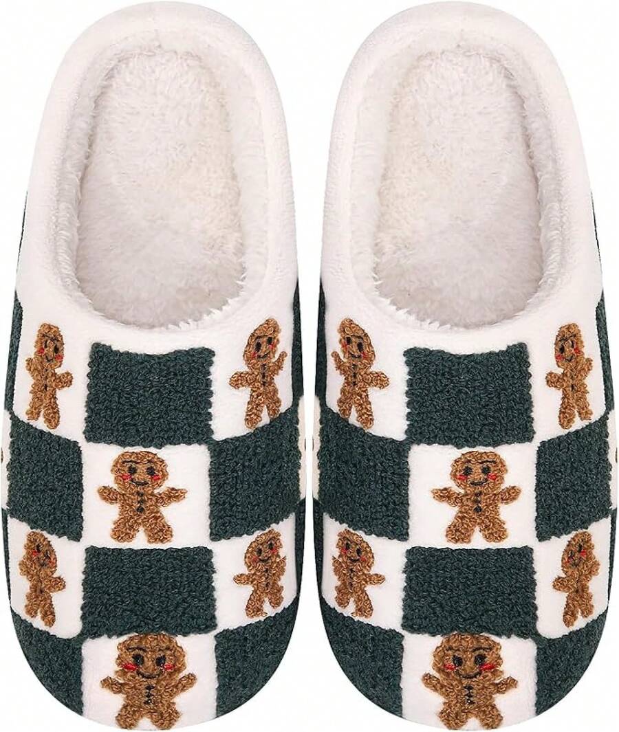 Cozy Plush Halloween Pumpkin Slippers, Non-Slip Fluffy Design - Plaid Gingerbread Man - View 1