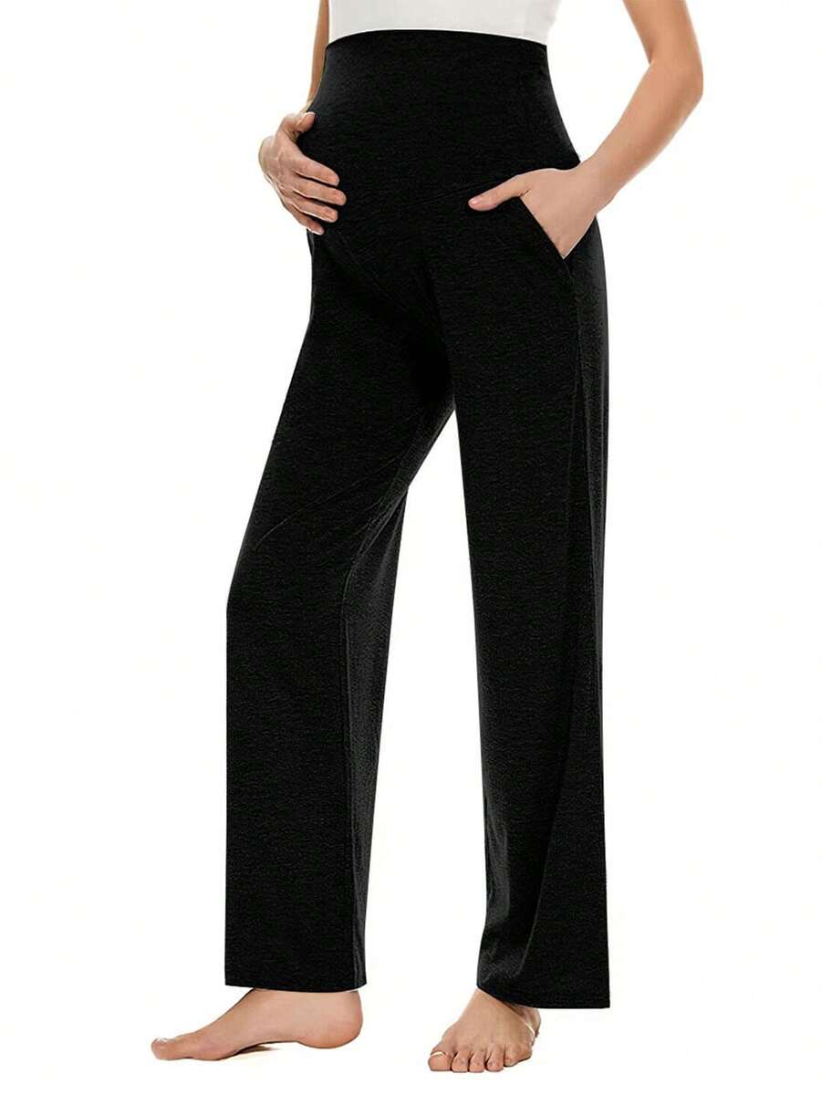 Maternity Pants Over The Belly Flowy Wide Leg Yoga Dress Work Pregnancy Pants Stretchy Lounge Wide Leg Trousers With Pockets - 黑色 - 查看 1