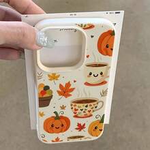 Adorable White Lychee-Textured Autumn Pumpkin And Coffee-Print Mobile Phone Case, Suitable For The 16 Pro Max, 15, 14 Plus, 13, 12 And 11. The Perfect Gift For Family And Friends, Festive Accessories, Festive Gifts, Pumpkin Print, Seasonal Accessories, Smartphone Accessories, Coffee Print, Autumn Theme, Durable Material - White - View 4