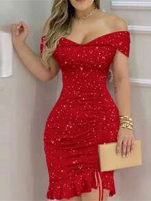 Elegant Off Shoulder V-Neck Sexy Black Pleated Ruffle Hem Glitter Party Cocktail Dress For Women Summer Vacation - Red - View 3