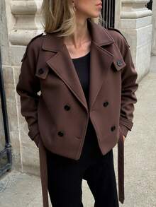 Chaqueta corta elegante y casual de unicolor oscuro con doble botonadura y solapa para mujer, adecuada para uso diario, oficina, ocio en casa, vuelta al colegio y otras ocasiones - Marrón - Ver 3
