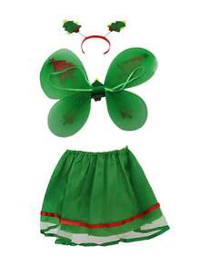 Girls Christmas Fairy Costume Include Glitter Tree Print Butterfly Wings Skirt Headband Set Cosplay Outfits - Green - View 6