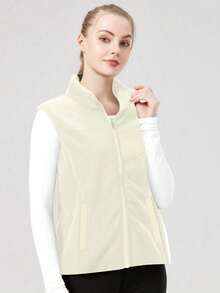 Women's Casual & Work Warm Fleece Sherpa Sleeveless Vest, Multiple Pockets, Suitable For Nurse, Scrubs, Workwear, Dentist, Healthcare, Pet Hospital, Laboratory - Apricot - View 5