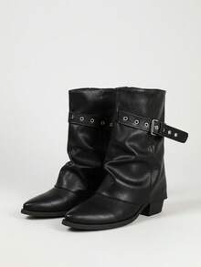 2025 Autumn/Winter New Design Slim Fit Stacked Heel Ankle Boots With Belt Buckle, Sexy Style, Black - Black - View 8