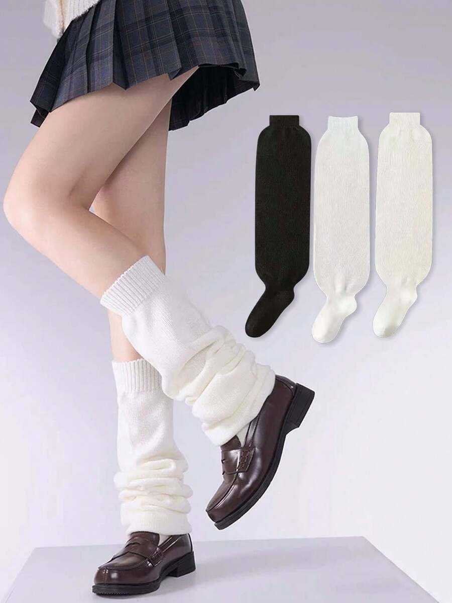 1 Pair Women's Elastic Hem Socks, Fashionable Versatile Suitable For Skirts In Autumn, Black/White Socks, Loose Knit Casual Socks, Suitable For Daily Wear And Cosplay, Cozy Socks