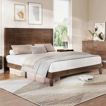 Merluxy Solid Wood Bed Frame With 48.6" High Headboard, Full/Queen/King Mid-Century Platform Bed Frame With Wood Slat Support, Easy Assembly Design, No Box Spring Needed