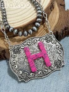 Women's Vintage European & American Bohemian Style Rose Red Turquoise English Initial Double Layer Necklace, 18-Inch Pearl + 20-Inch Rectangular Alloy Pendant, Suitable For Daily Wear, Dates, Theme Parties, You Will Get Many Compliments From Friends When Wearing It - Hot Pink - View 27
