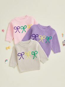Toddler Baby Girl Boy Mard Gras Outfit Bow Embroidered Knit Crew Neck Sweater Long Sleeve Pullover Tops Fall Clothes,Cute Kids Mard Gras Sweater 6Months - 7 Years. - 紫色 - 查看 10