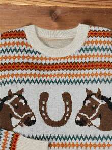 时尚休闲宽松舒适创意撞色马头图案针织长袖毛衣 - 米色 - 查看 4