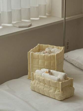 2 Pieces Quilted Cotton Storage Baskets, Baby And Mother's Supplies Storage Basket, Bed Storage Basket, Sanitary Napkin Storage Basket, Two-Sized Storage Basket Set
