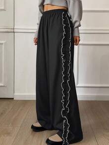 Livesso Quần ống rộng có viền bèo nhún đa năng thường ngày dành cho nữ Quần ống rộng có viền bèo nhún Quần đen Quần ống rộng Quần xếp ly - Màu xám đen - Xem 2