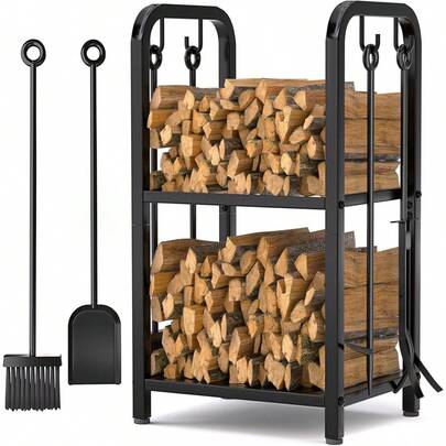 HONEST OUTFITTERS Estantería para leña de interior, estantería para leña de 2 niveles para exterior con juego de 4 piezas de herramientas para chimenea, soporte de madera de leña resistente para chimenea, fogata, estufa de leña en negro