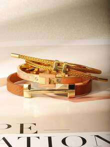 3pcs Fashionable Chic Golden Letter Leather Bracelets, Gifts For Girlfriend - 3pcs-coffee - View 4