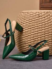 WHDXY Sepatu hak tinggi wanita elegan berwarna hijau dengan motif timbul, tebal, dan ujung runcing. Desain bertali yang nyaman, cocok untuk pesta/acara malam. - Hijau - View 6