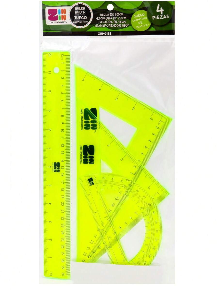 Juego de geometría escolar con 4 piezas Multicolor, incluye, regla, escuadras y transportador. Ideal para tareas, dibujo técnico, mediciones exactas y uso escolar. - Amarillo - Ver 1