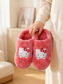 SANRIO 3双装三丽鸥酷洛米、凯蒂猫和肉桂狗女士闭趾可爱保暖防滑平底毛绒拖鞋，适合冬季室内穿着，三丽鸥鞋，毛绒拖鞋 - 紅色 - 查看 2