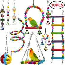Combination Bird Toys Set Swing Chewing Training Toys Small Parrot Hanging Hammock Parrot Cage Bell Perch Toys With Ladder Toys(Random Accessory Color)