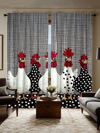 2pcs Farm Party - Polka Dot Chicken Celebration Digital Print Curtains, Polyester Rod Pocket Curtains For Bedroom, Living Room And Office - Animal Theme Decor, Suitable For Seasonal Use, Machine Washable, Fade Resistant, 90gsm Fabric
