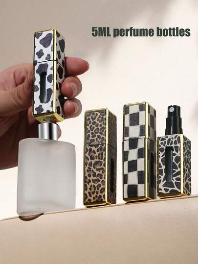 1pc Leopard Print Square Perfume Refillable Travel Bottle, 5ML Bottom Refill Textured Decanting Bottle
